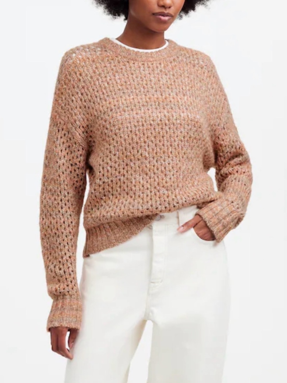 Madewell Space Dyed‎ Open Knit Sweater Women's XS Brown Marled Crewneck Wool